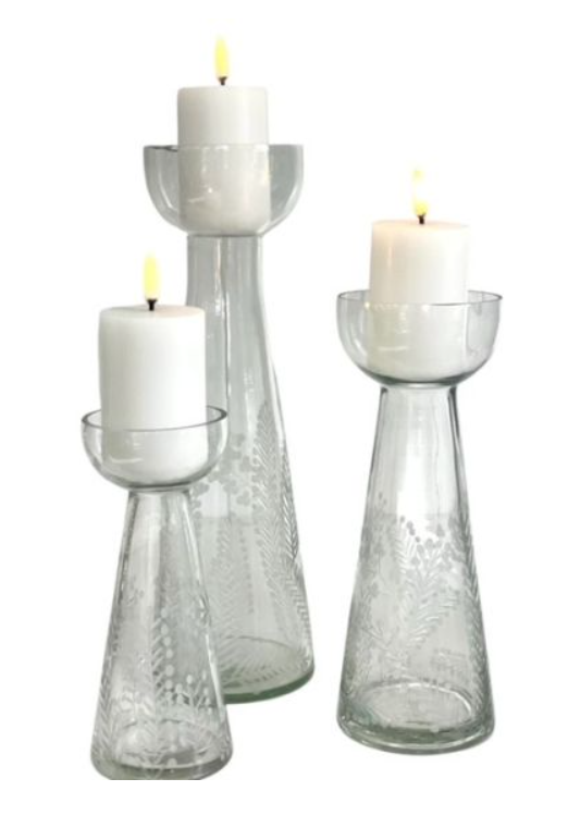 Wattle Cone Etched Glass Candle Stick Holder