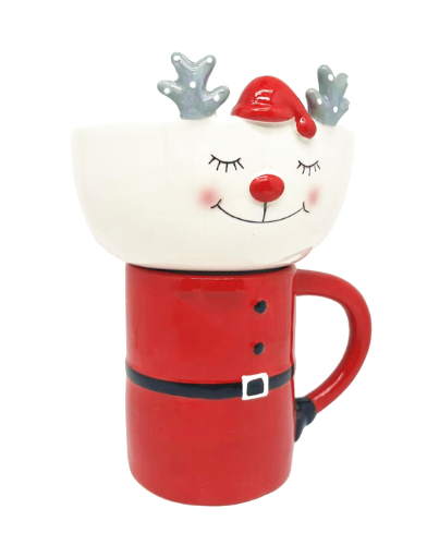 Ceramic Santa & Deer Bowl and Mug Set