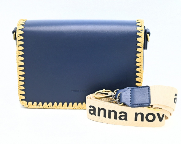 Raffia Edged Navy Cross Body Bag