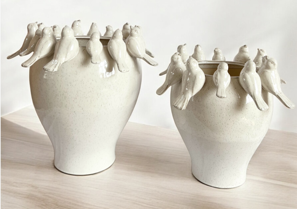 Ceramic Ivory Bird Pot :- 2 Sizes Available