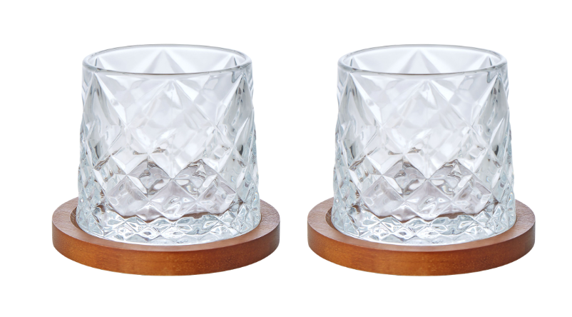 Set of 2 Etched Whisky Glasses & Coasters